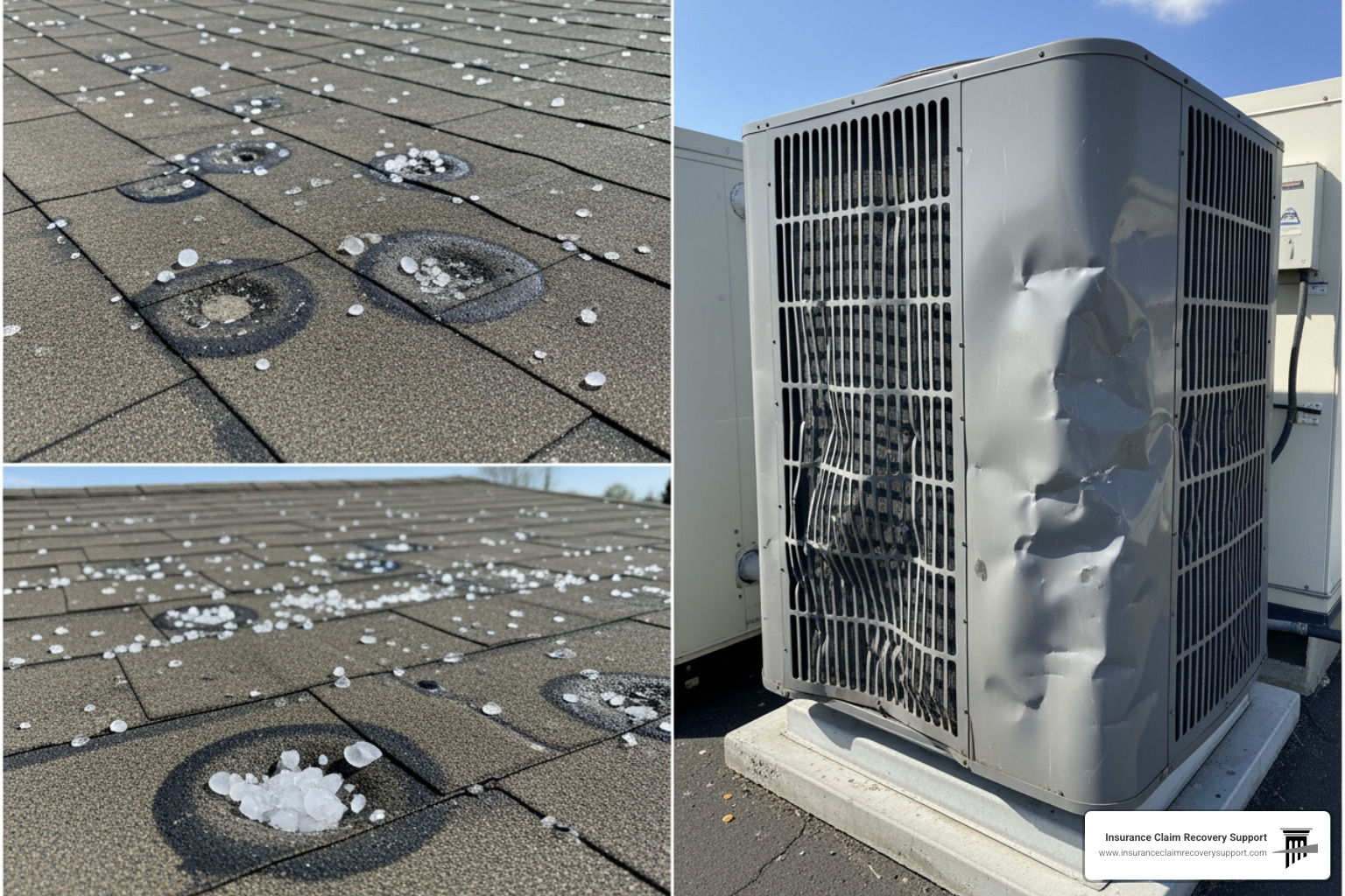 Examples of hail damage on a modified bitumen roof and a dented commercial HVAC unit - texas hail damage
