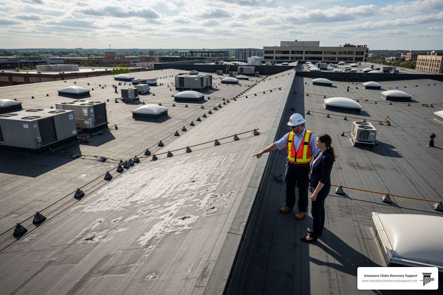 A public adjuster inspecting a large, complex roof system on a commercial building, pointing out subtle damage to the property owner - texas hail damage