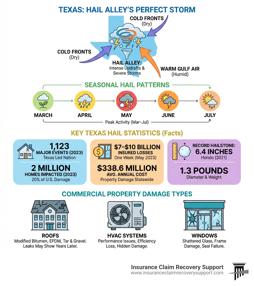 Infographic showing the collision of warm Gulf air and cold fronts over Texas creating Hail Alley, the seasonal hail patterns from March to July, key statistics on Texas hail events and costs, and the types of commercial property damage caused by hailstorms including roofs, HVAC systems, and windows - texas hail damage infographic 
