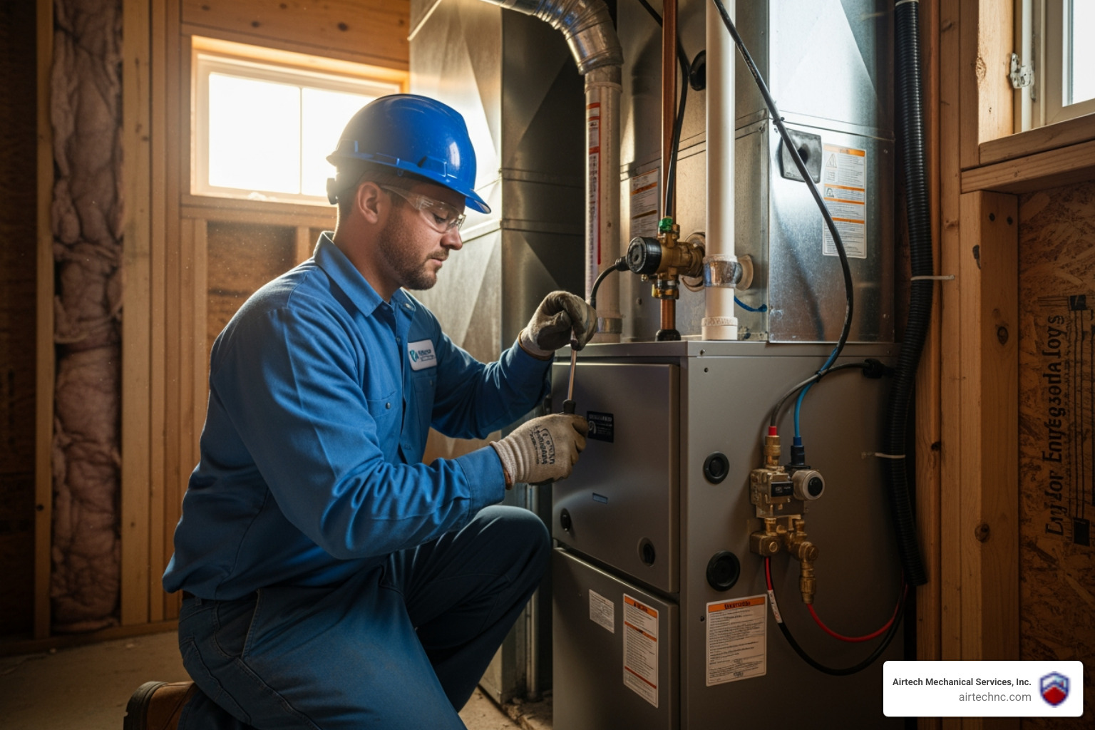 infographic showing signs you need furnace replacement including system age over 15 years, frequent repairs, rising energy bills, strange noises, yellow pilot light, uneven heating, and poor air quality - furnace installation in emerald isle, nc