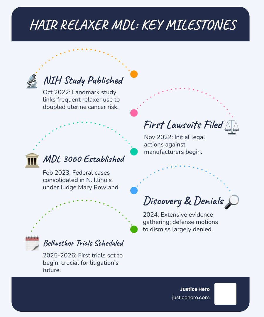 Infographic showing timeline from 2022 NIH study publication to formation of MDL 3060, including key milestones: October 2022 - NIH study published linking relaxers to cancer, November 2022 - First lawsuits filed, February 2023 - MDL 3060 established in Northern District of Illinois, 2024 - Discovery phase and motions to dismiss denied, 2025-2026 - Bellwether trials begin, 10,000+ pending cases - lawsuit against hair relaxers infographic infographic-line-5-steps-blues-accent_colors
