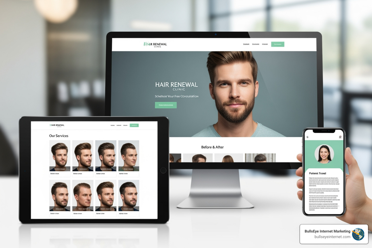 Hair Renewal Clinic website displayed on multiple devices, showcasing patient before-and-after images, emphasizing professional hair transplant services and digital marketing strategy by BullsEye Internet Marketing.