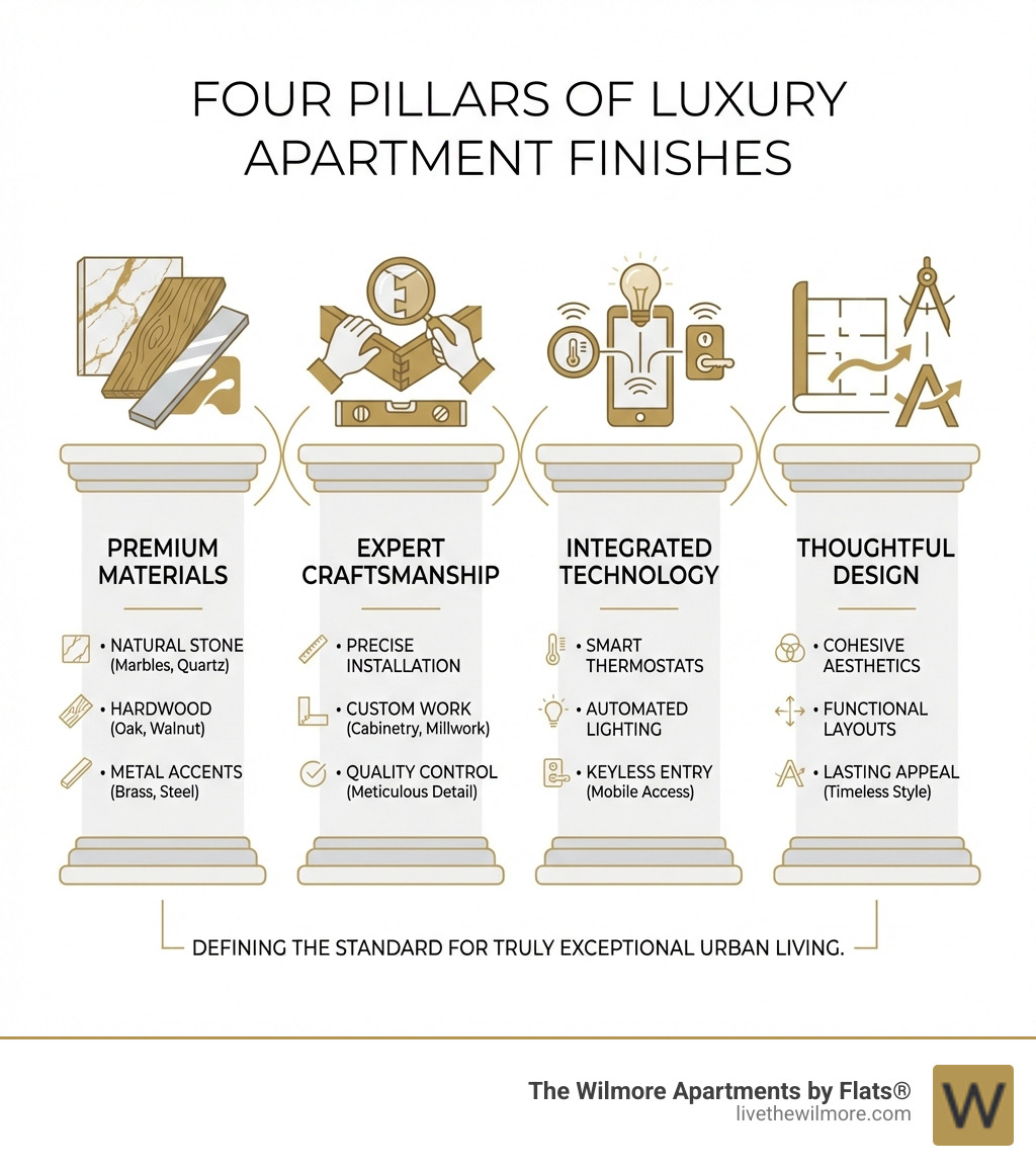 Infographic showing the four pillars of luxury apartment finishes: Premium Materials (natural stone, hardwood, metal accents), Expert Craftsmanship (precise installation, custom work, quality control), Integrated Technology (smart thermostats, automated lighting, keyless entry), and Thoughtful Design (cohesive aesthetics, functional layouts, lasting appeal) - Luxury apartment finishes infographic Infographic showing the four pillars of luxury apartment finishes: Premium Materials (natural stone, hardwood, metal accents), Expert Craftsmanship (precise installation, custom work, quality control), Integrated Technology (smart thermostats, automated lighting, keyless entry), and Thoughtful Design (cohesive aesthetics, functional layouts, lasting appeal) - Luxury apartment finishes infographic