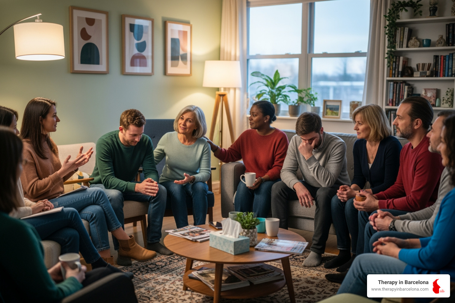 A diverse group of adults sitting in a supportive group setting, engaged in conversation - therapeutic questions for adults