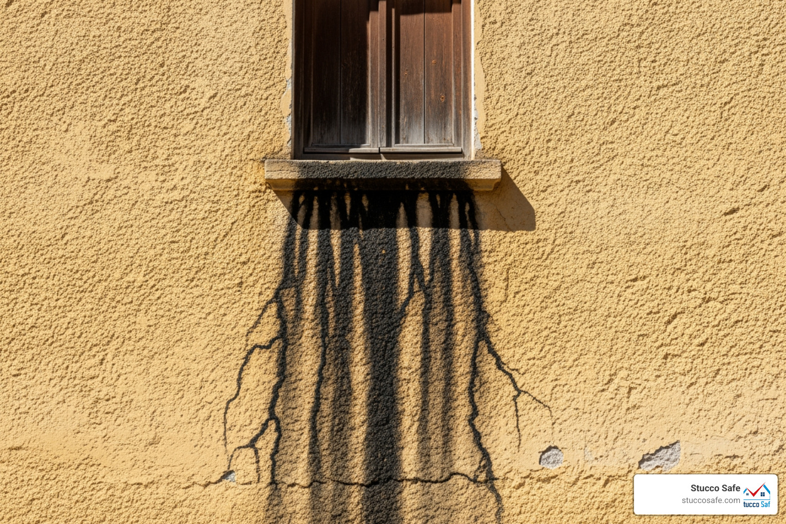 stucco wall with visible dark water stains running down from a window - Stucco remediation near me stucco wall with visible dark water stains running down from a window - Stucco remediation near me