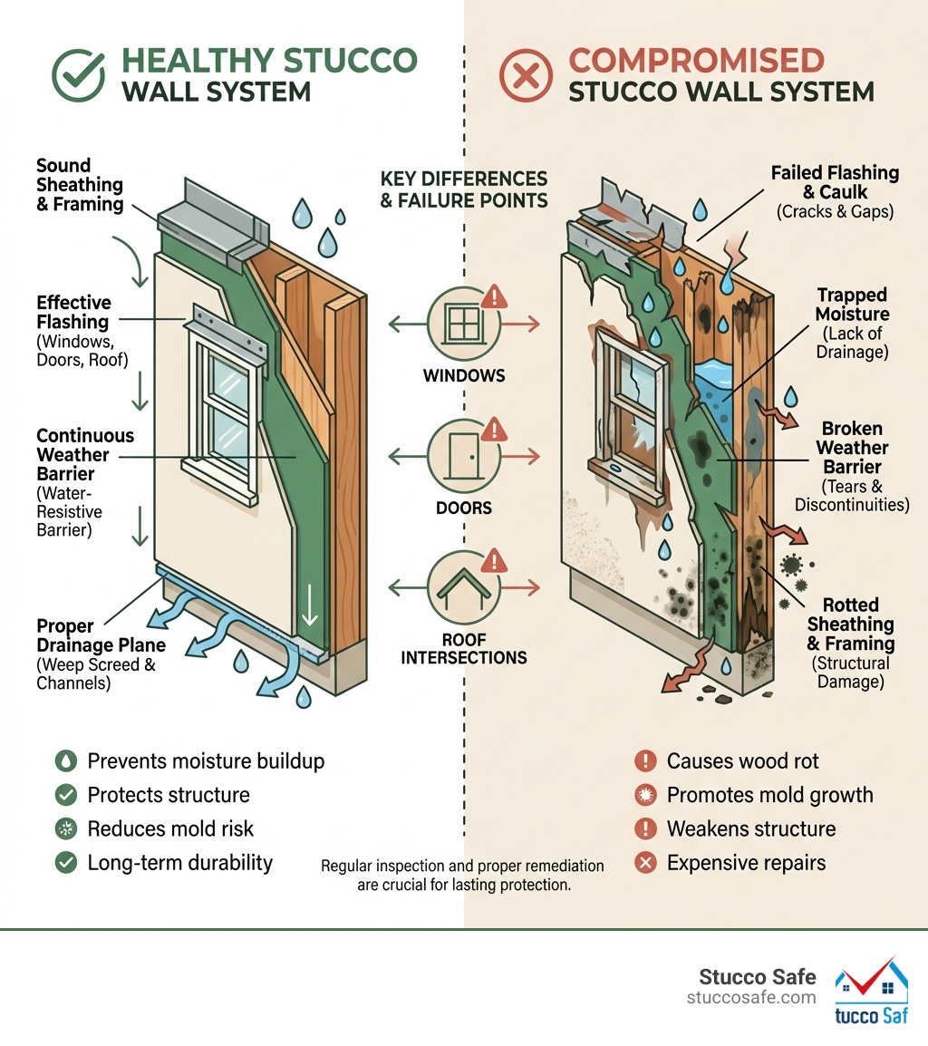 Infographic showing the key differences between a healthy stucco wall system with proper drainage, weather barriers, and flashing versus a compromised system with moisture intrusion, rotted sheathing, failed barriers, and mold growth, including visual indicators of common failure points like windows, doors, and roof intersections - Stucco remediation near me infographic Infographic showing the key differences between a healthy stucco wall system with proper drainage, weather barriers, and flashing versus a compromised system with moisture intrusion, rotted sheathing, failed barriers, and mold growth, including visual indicators of common failure points like windows, doors, and roof intersections - Stucco remediation near me infographic