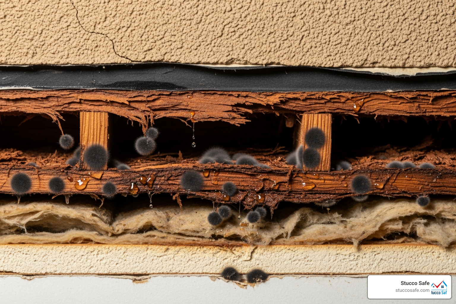 wall cross-section showing hidden rot and mold behind stucco - Stucco remediation near me wall cross-section showing hidden rot and mold behind stucco - Stucco remediation near me