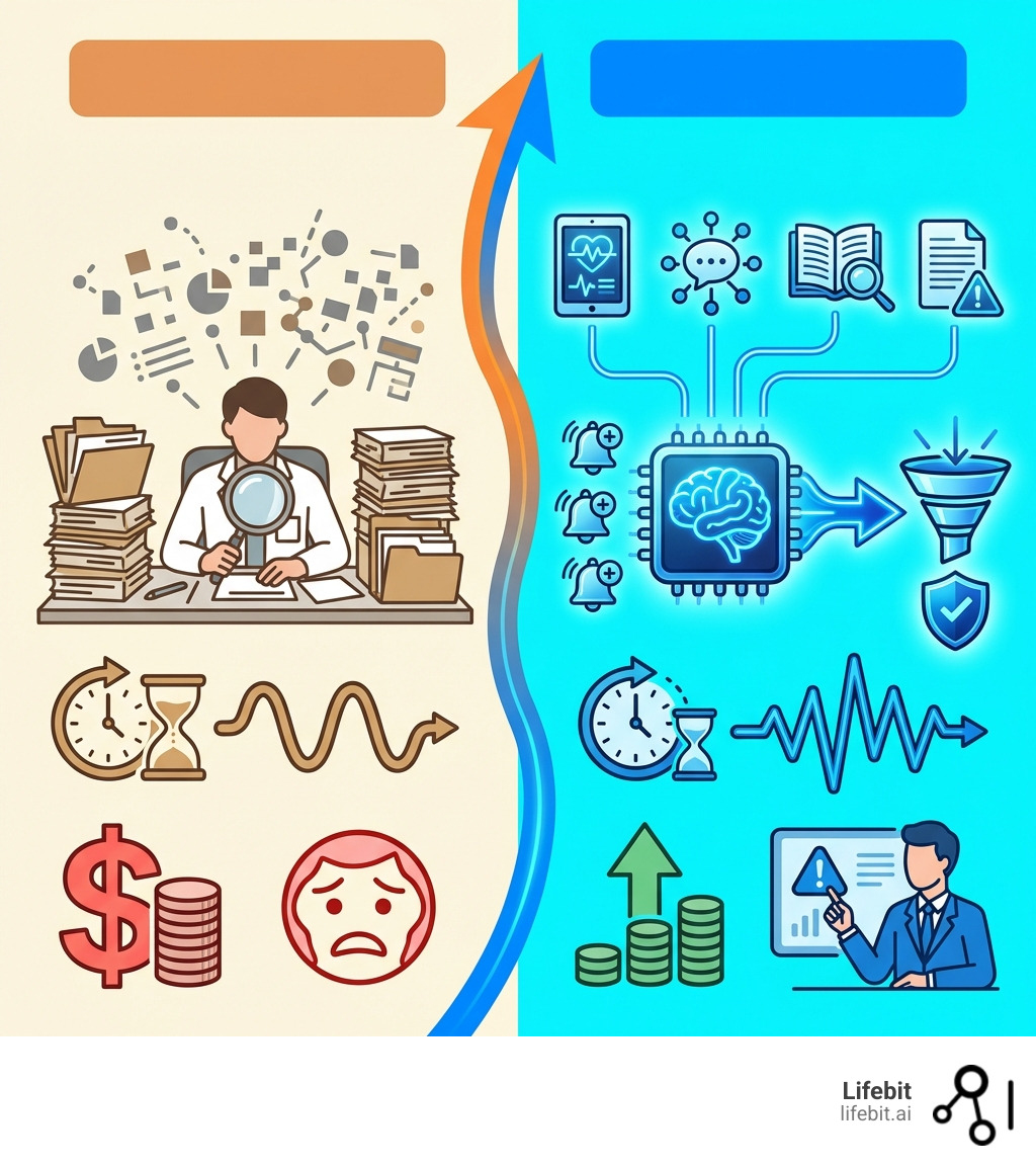 Infographic showing the transformation from traditional reactive pharmacovigilance to AI-driven proactive safety monitoring: left side depicts manual review of paper reports with slow timelines and high costs; right side shows multiple data sources (EHRs, social media, literature, spontaneous reports) feeding into an AI engine that outputs prioritized safety signals with automated alerts, reduced processing time from weeks to hours, and human experts focusing on high-risk cases - drug safety ai infographic 