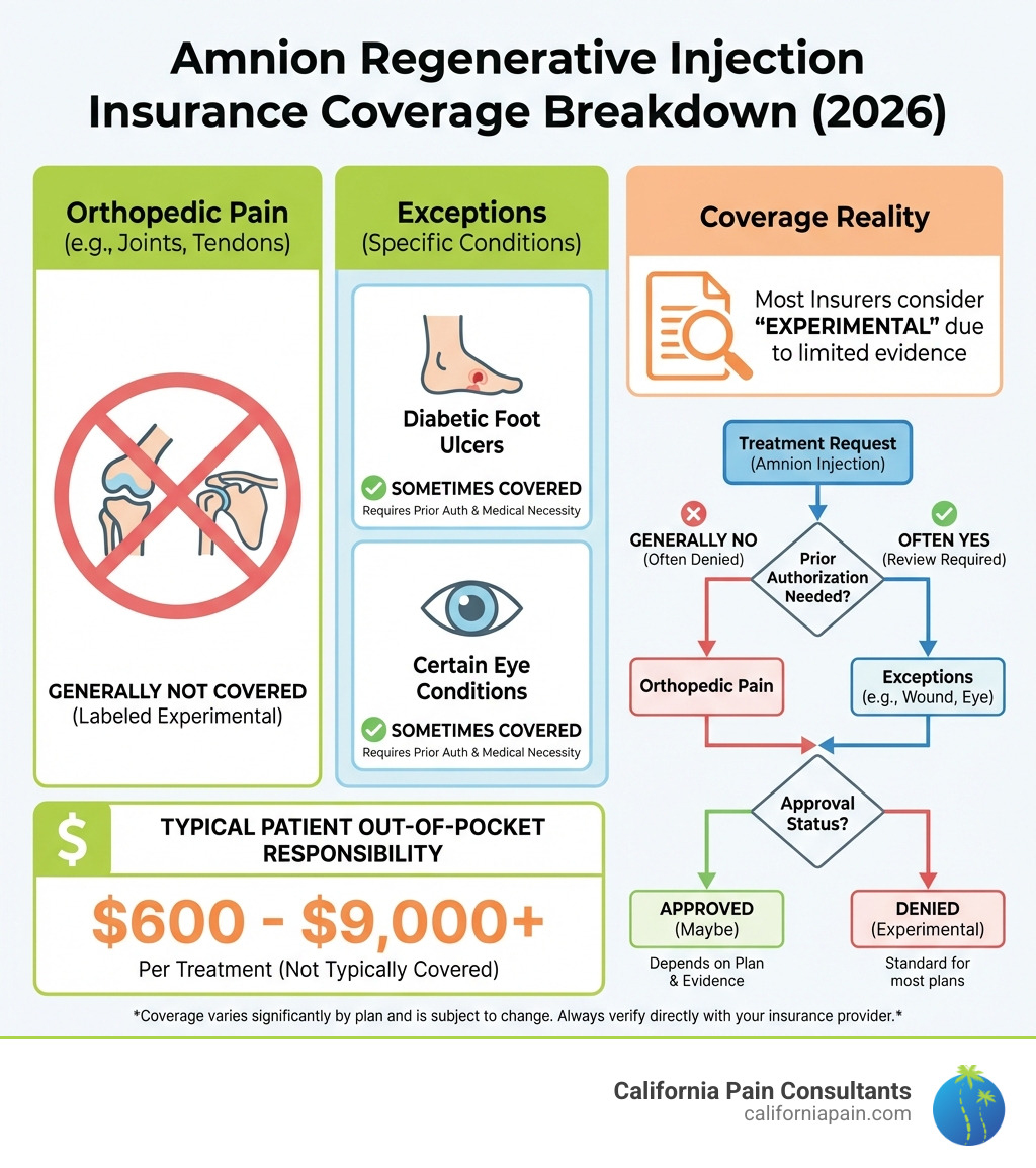 Infographic showing insurance coverage breakdown: Most amnion injections for orthopedic pain are not covered (labeled experimental), with exceptions for diabetic foot ulcers and certain eye conditions; includes flowchart showing when prior authorization might be needed and typical patient out-of-pocket responsibility - are amnion regenerative injections covered by insurance infographic 
