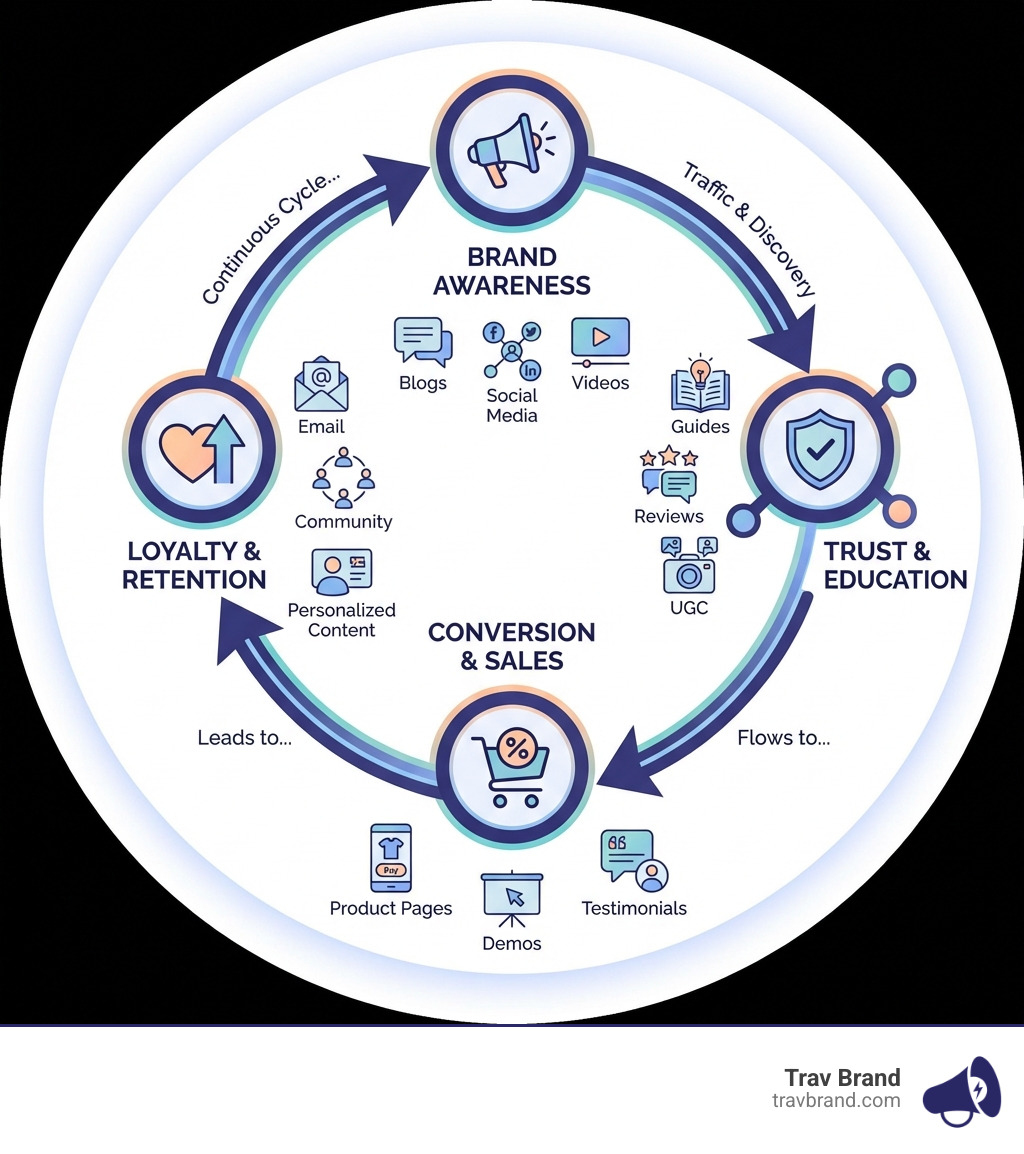 Infographic showing the content marketing for e-commerce ecosystem: Brand Awareness (blogs, social media, videos) leads to Traffic and Discovery, which flows to Trust and Education (guides, reviews, UGC), then to Conversion and Sales (product pages, demos, testimonials), and finally to Loyalty and Retention (email, community, personalized content), creating a continuous cycle back to awareness - content marketing for e-commerce infographic Infographic showing the content marketing for e-commerce ecosystem: Brand Awareness (blogs, social media, videos) leads to Traffic and Discovery, which flows to Trust and Education (guides, reviews, UGC), then to Conversion and Sales (product pages, demos, testimonials), and finally to Loyalty and Retention (email, community, personalized content), creating a continuous cycle back to awareness - content marketing for e-commerce infographic