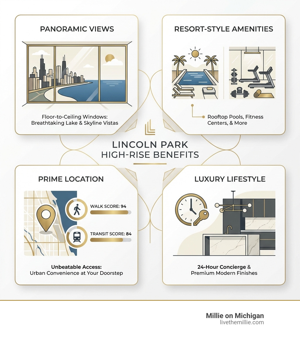 Infographic showing Lincoln Park high-rise benefits: panoramic lake and skyline views from floor-to-ceiling windows, resort-style amenities including rooftop pools and fitness centers, prime location with Walk Score 94 and Transit Score 84, and luxury lifestyle with 24-hour concierge and modern finishes - high rise apartments chicago lincoln park infographic 