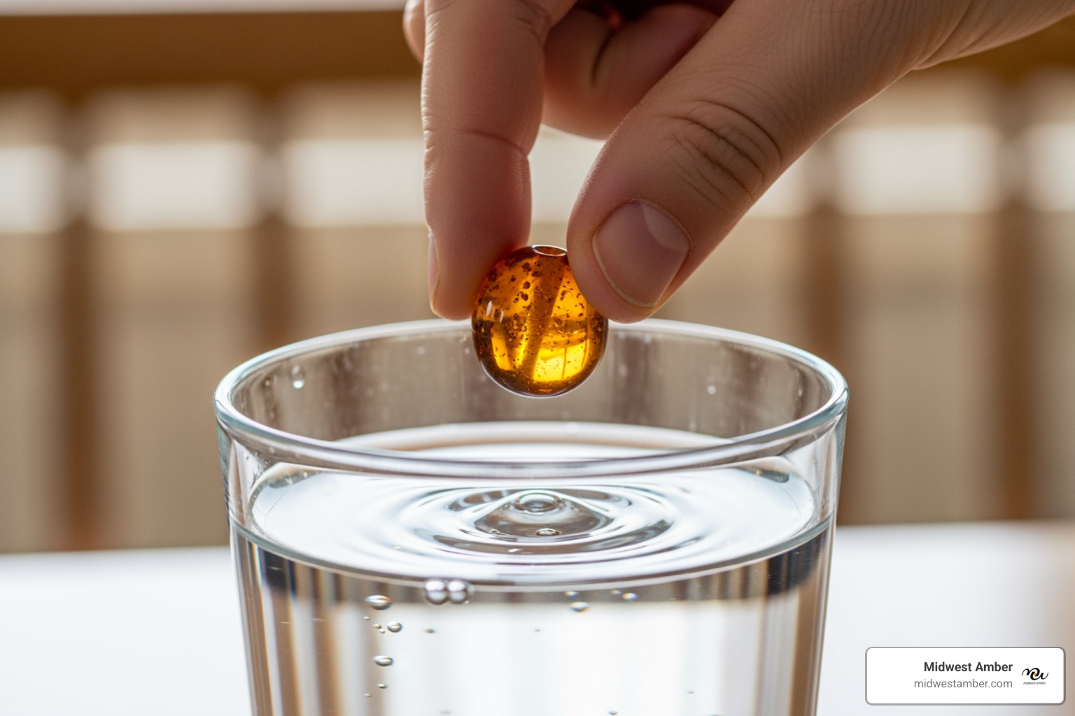 A hand dropping an amber bead into a glass of saltwater, where it floats - antique amber beads for sale