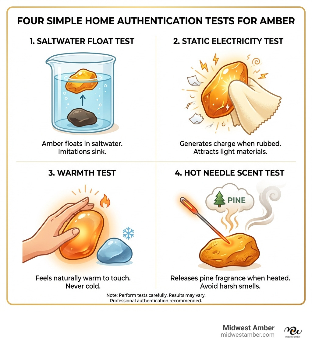 infographic showing the four simple home authentication tests for amber: saltwater float test showing amber floating in a glass of saltwater, static electricity test with amber generating charge when rubbed with cloth, warmth test showing amber feeling naturally warm to touch, and hot needle scent test releasing pine fragrance - antique amber beads for sale infographic 