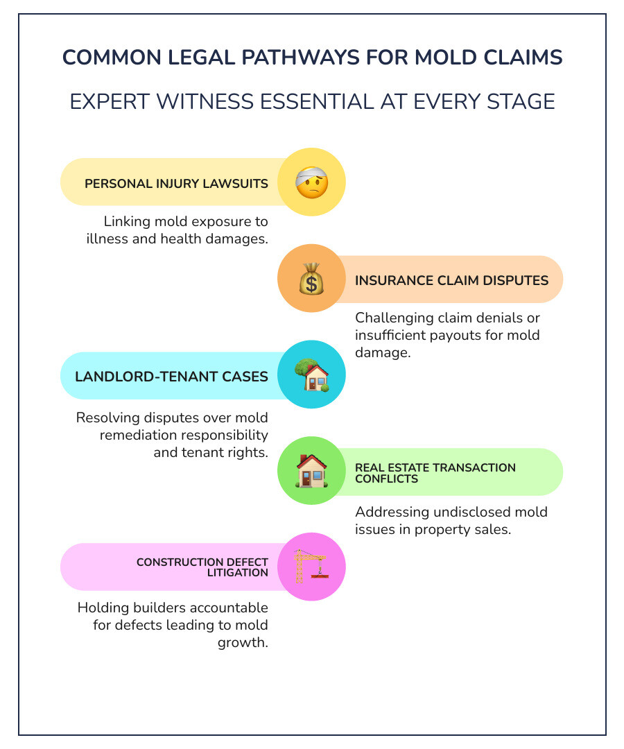 Infographic showing the common legal pathways for mold claims including personal injury lawsuits, insurance disputes, landlord-tenant cases, real estate transaction conflicts, and construction defect litigation, with arrows indicating the role of expert witnesses at each stage - mold expert witness infographic infographic-line-5-steps-colors