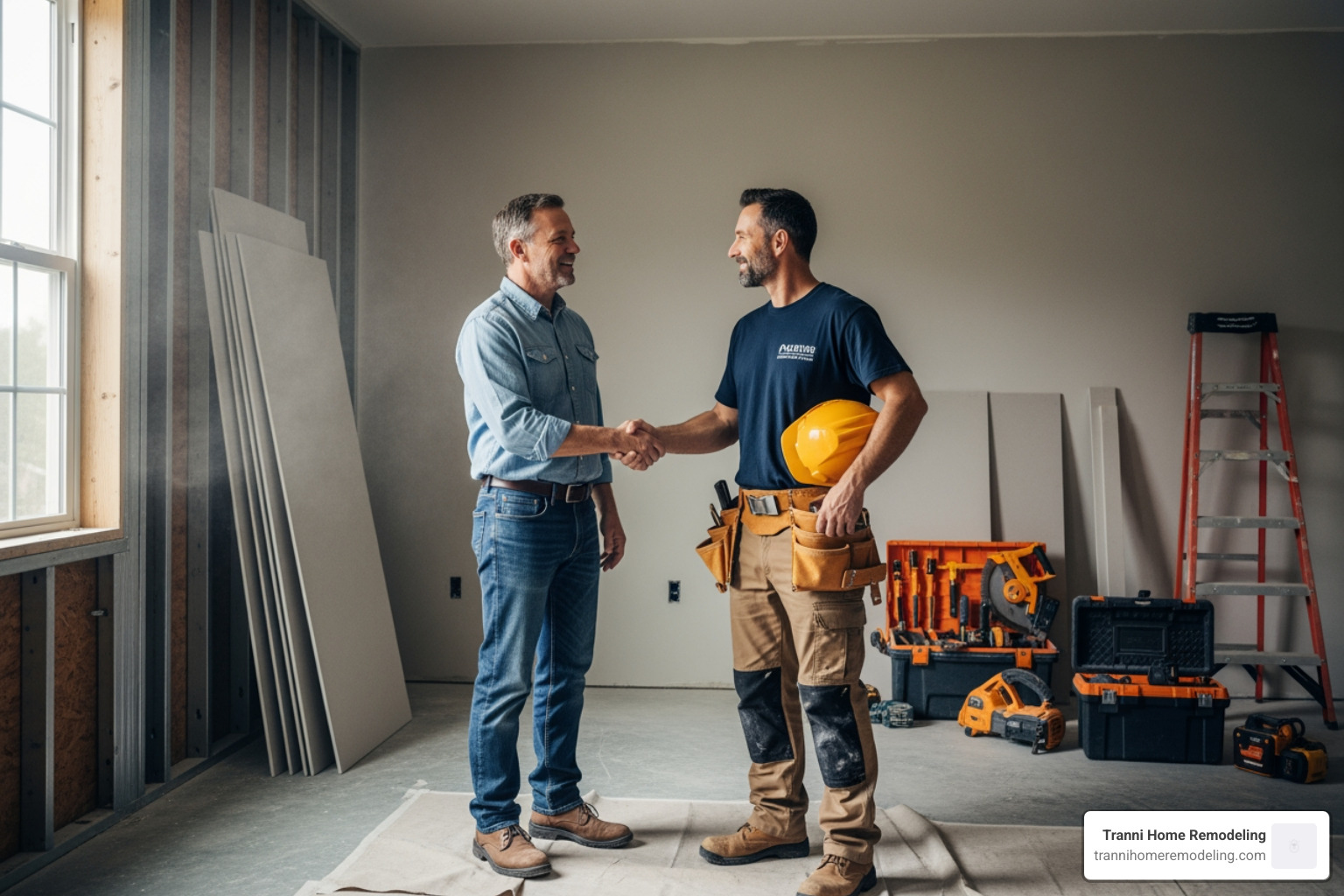 homeowner shaking hands with a contractor in a partially renovated room - Home Remodeling Company homeowner shaking hands with a contractor in a partially renovated room - Home Remodeling Company