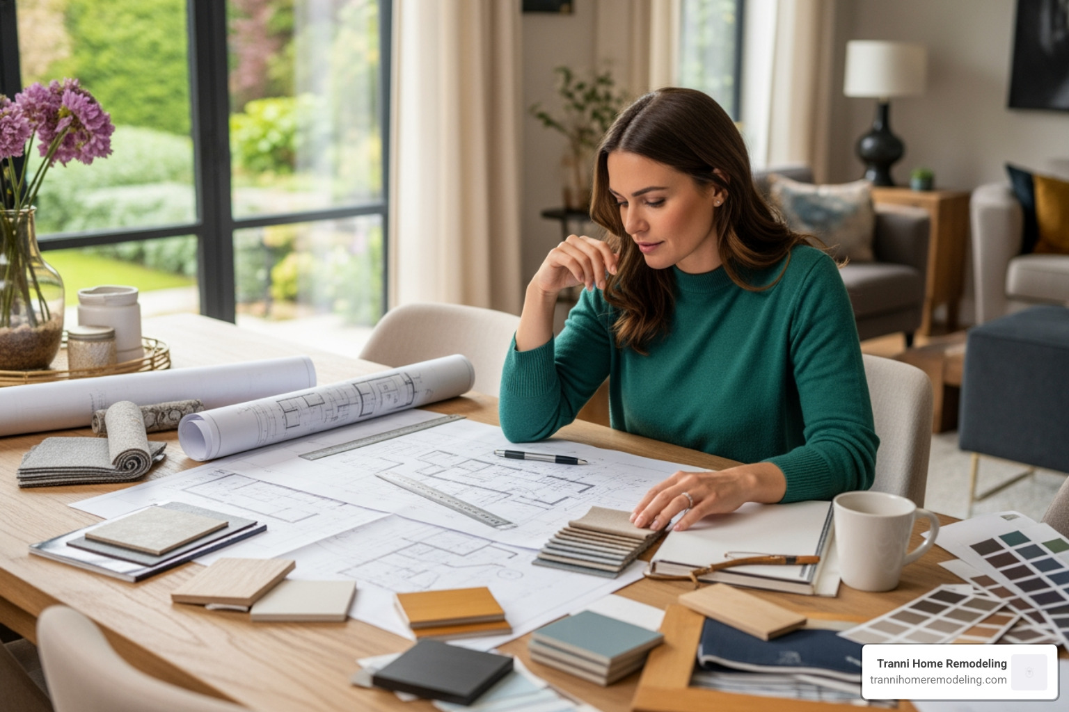 homeowner looking at design plans and material samples on a table - Home Remodeling Company homeowner looking at design plans and material samples on a table - Home Remodeling Company