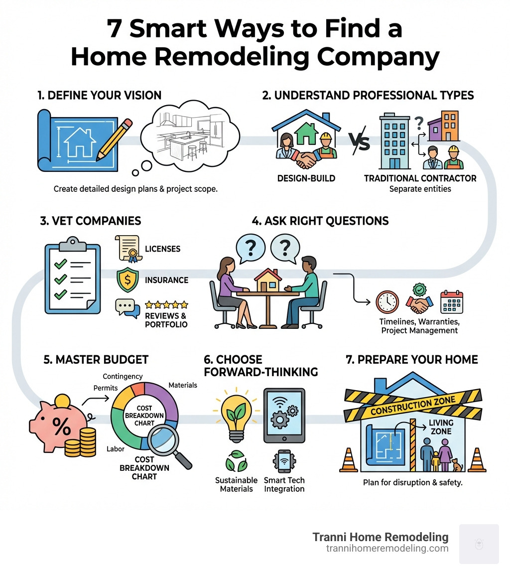 infographic showing 7 smart ways to find a home remodeling company including define your vision with design plans, understand professional types with design-build versus traditional contractor comparison, vet companies with checklist of licenses insurance and reviews, ask right questions with consultation meeting, master budget with cost breakdown chart, choose forward-thinking company with sustainability and technology icons, and prepare your home with construction zone planning - Home Remodeling Company infographic infographic showing 7 smart ways to find a home remodeling company including define your vision with design plans, understand professional types with design-build versus traditional contractor comparison, vet companies with checklist of licenses insurance and reviews, ask right questions with consultation meeting, master budget with cost breakdown chart, choose forward-thinking company with sustainability and technology icons, and prepare your home with construction zone planning - Home Remodeling Company infographic