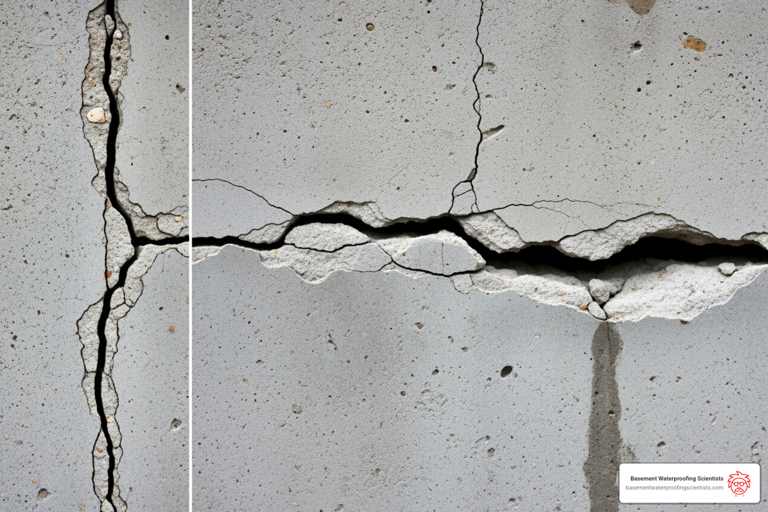 Side-by-side comparison of a thin vertical crack and a wide horizontal crack - caulk to seal foundation cracks