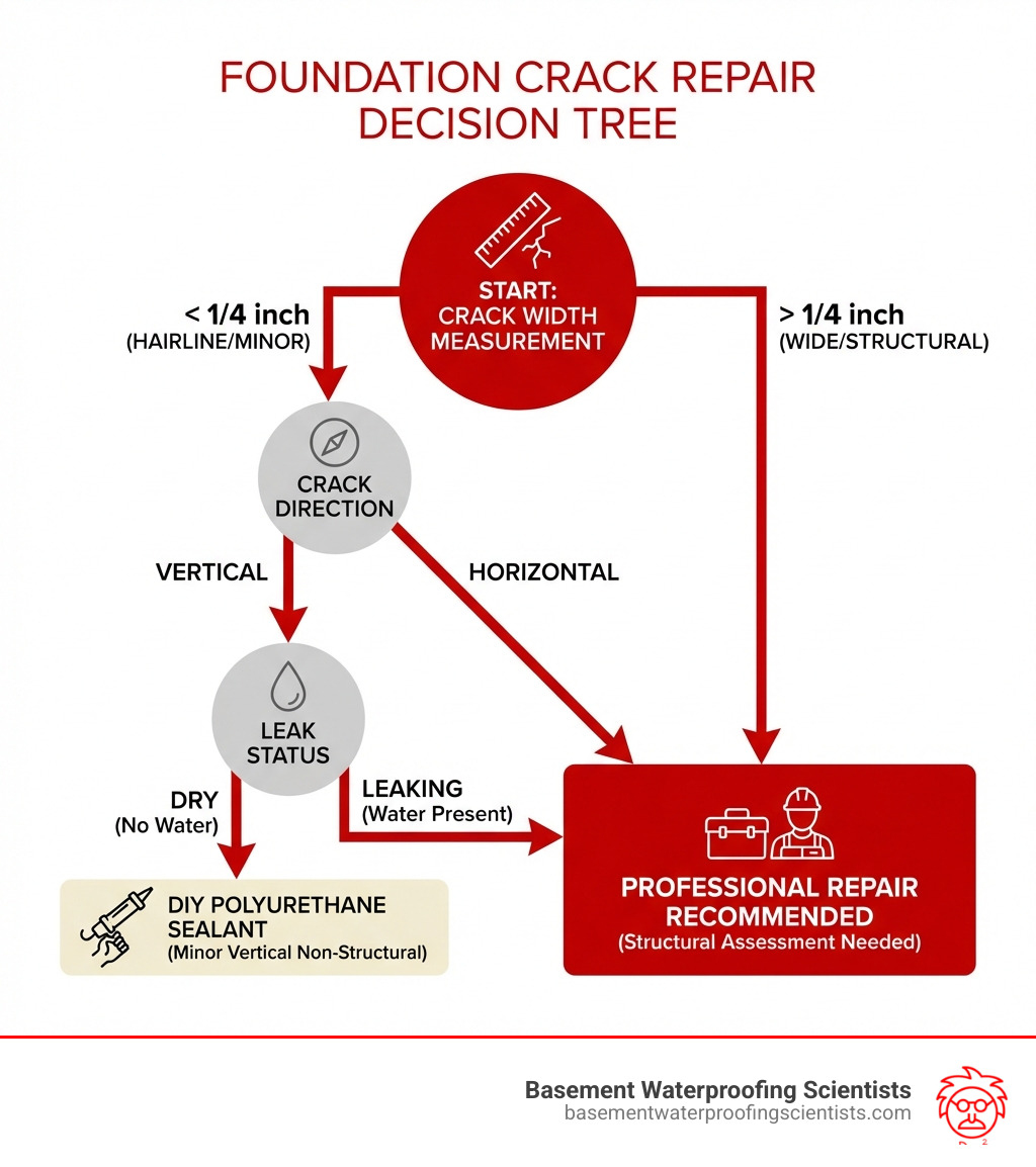 Infographic showing decision tree for foundation crack repair: starts with crack width measurement, branches to crack direction (vertical/horizontal), then leak status, leading to either DIY polyurethane sealant for minor vertical non-structural cracks or professional repair for horizontal, wide, leaking, or growing cracks - caulk to seal foundation cracks infographic 