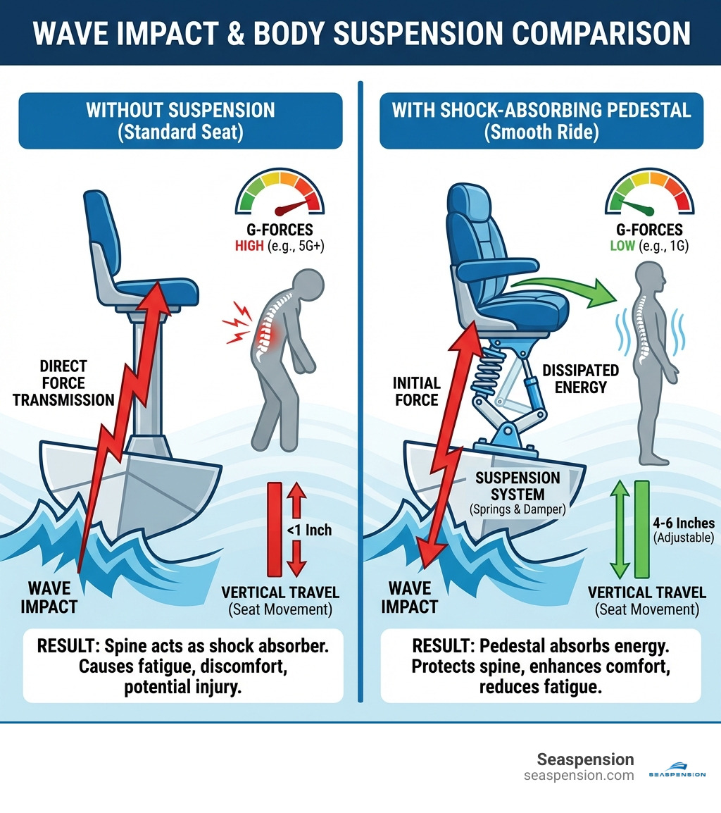 Infographic showing how wave impacts travel through a boat and body without suspension, versus how a shock-absorbing pedestal dissipates energy before it reaches the spine, including comparison of G-forces and vertical travel distance - smooth ride boat seats infographic 