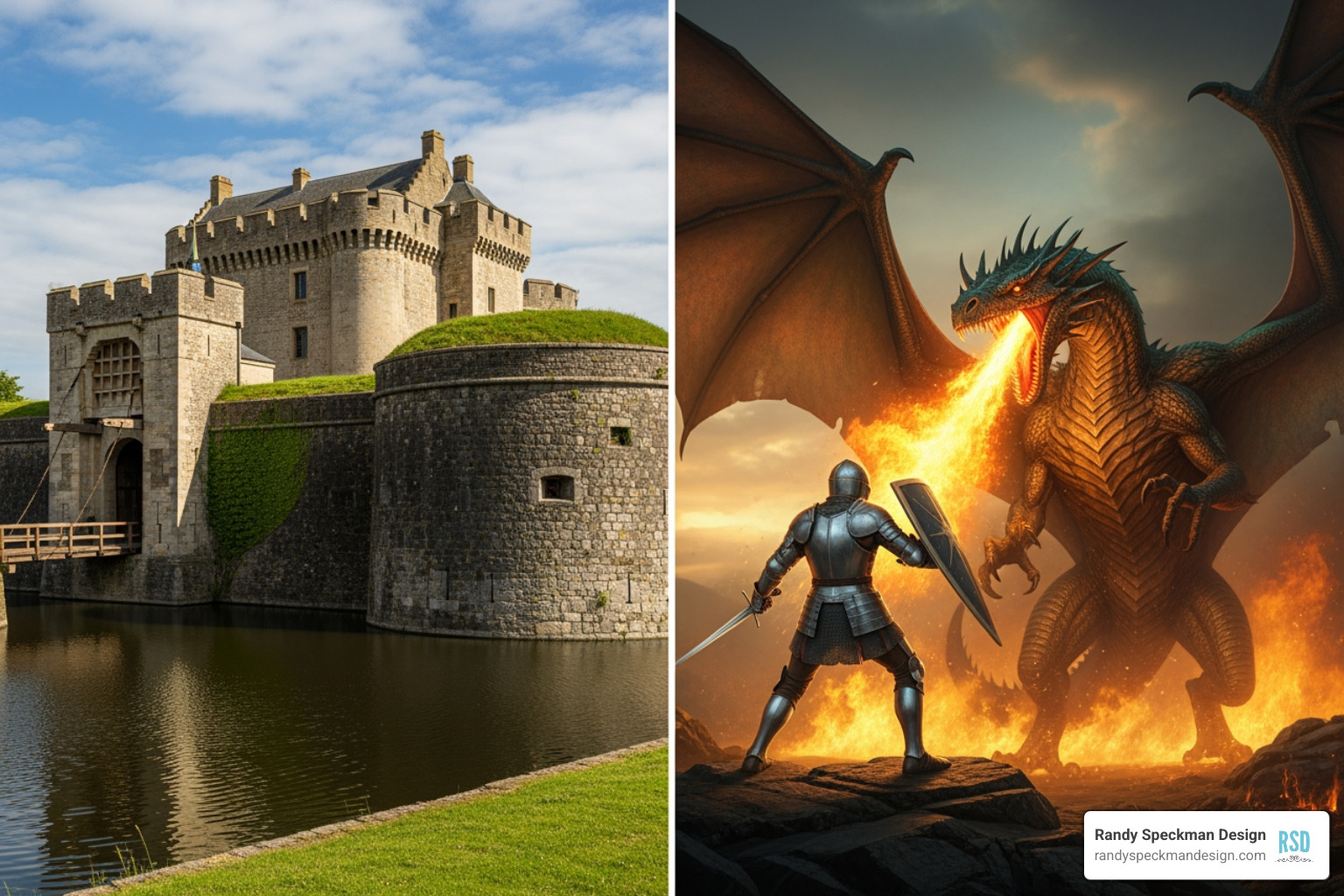 An image illustrating a strong fortress with reinforced walls (proactive) and a separate image of a knight fighting a dragon (reactive) - business reputation services