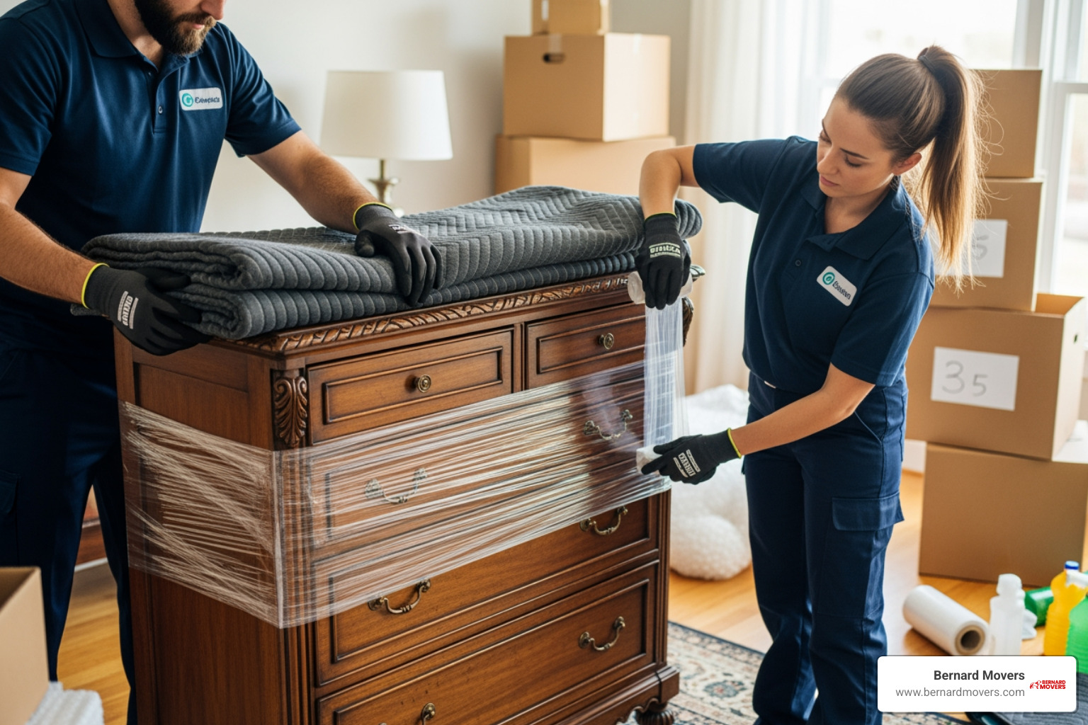 professional movers carefully wrapping a large piece of furniture - residential moving quote