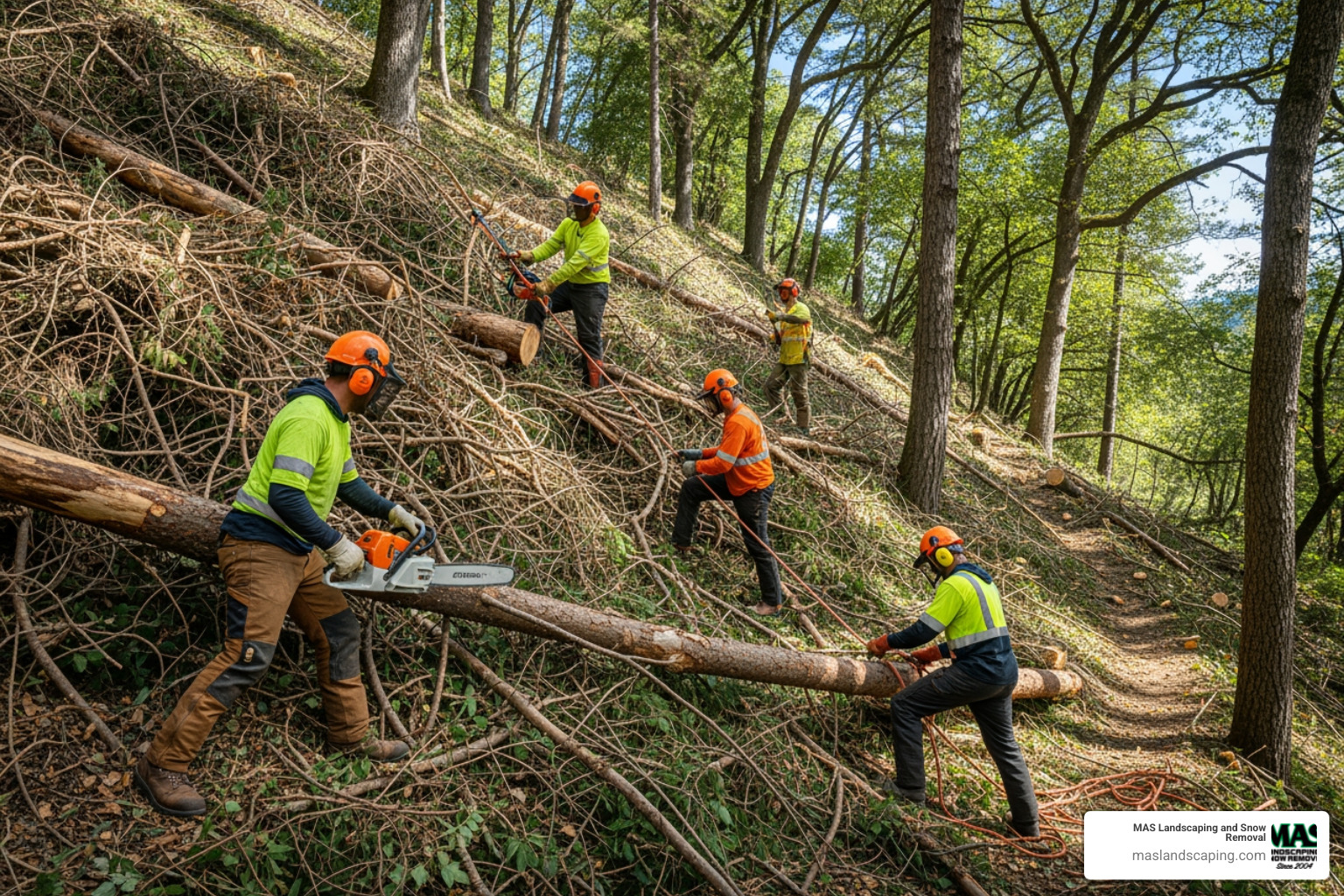 A landscaping crew navigating a brush pile on a steep, wooded hill - brush removal prices A landscaping crew navigating a brush pile on a steep, wooded hill - brush removal prices