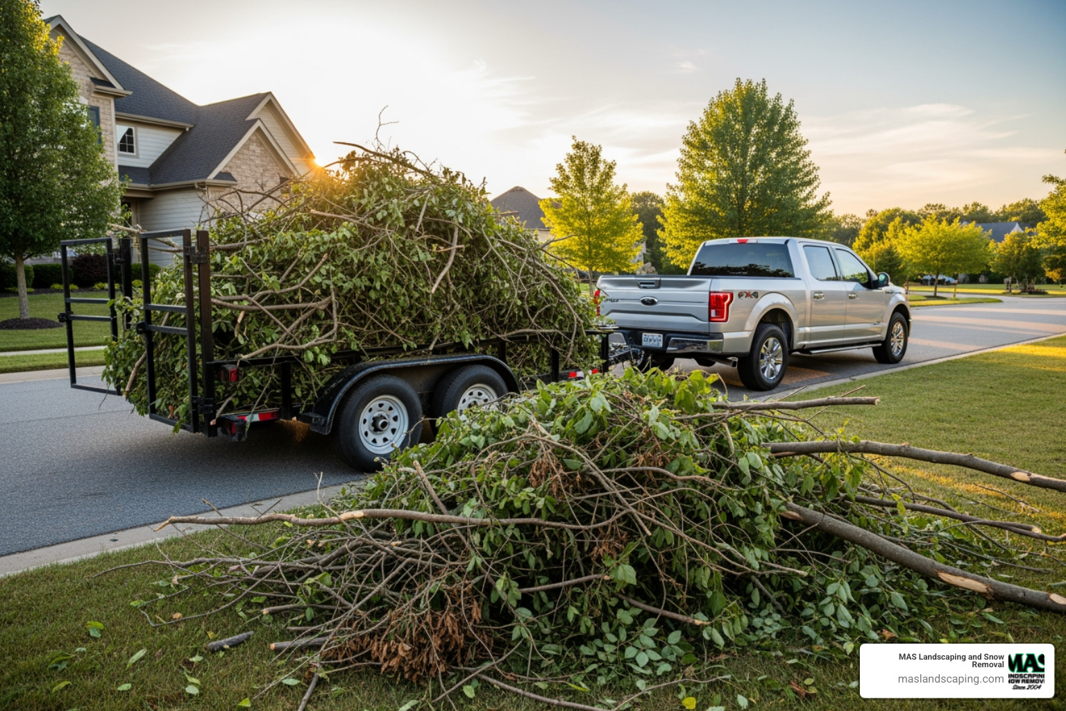 A landscaping truck with a trailer full of brush - brush removal prices A landscaping truck with a trailer full of brush - brush removal prices