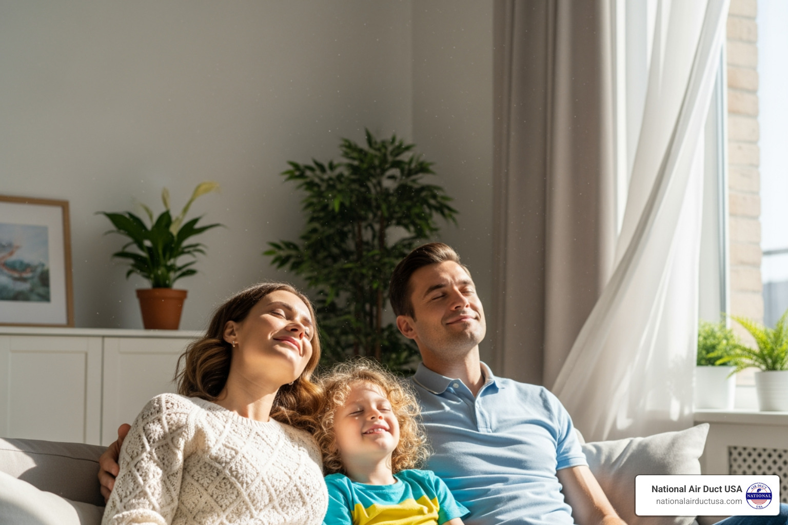 a family breathing easily in their home - air duct cleaning spray