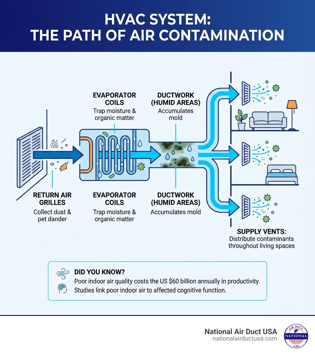 Infographic showing the path of air through a home's HVAC system, highlighting key contamination points: return air grilles collect dust and pet dander, ductwork accumulates mold in humid areas, evaporator coils trap moisture and organic matter, and supply vents distribute contaminants throughout living spaces - air duct cleaning spray infographic 