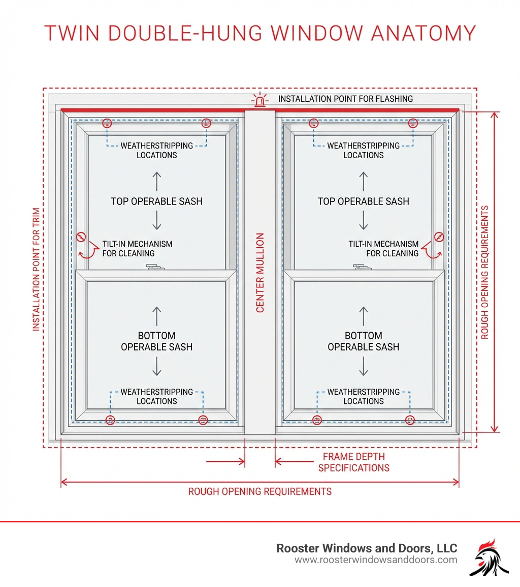 Infographic showing the anatomy of a twin double-hung window unit, including labeled components: two separate double-hung window sashes on each side, top and bottom operable sashes, center mullion connecting both units, frame depth specifications, rough opening requirements, tilt-in mechanisms for cleaning, weatherstripping locations, and typical installation points for flashing and trim - twin double hung windows infographic 