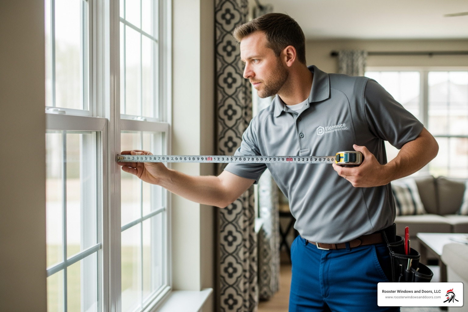 Professional measuring a window opening for installation - twin double hung windows