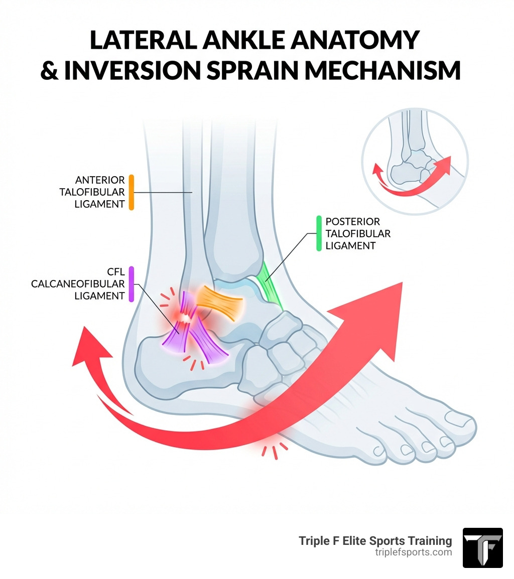 infographic showing ankle anatomy with lateral ligaments labeled including anterior talofibular ligament, calcaneofibular ligament, and posterior talofibular ligament, plus arrows indicating common inversion injury mechanism - Ankle sprain physical therapy infographic infographic showing ankle anatomy with lateral ligaments labeled including anterior talofibular ligament, calcaneofibular ligament, and posterior talofibular ligament, plus arrows indicating common inversion injury mechanism - Ankle sprain physical therapy infographic