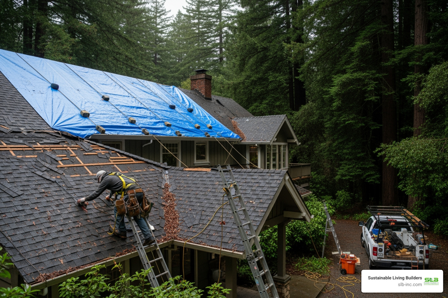 Infographic showing 5 immediate steps when you discover a roof leak: 1) Ensure safety - stay off wet roof and move family away from leak area, 2) Contain water damage - place buckets under drips and move furniture and valuables, 3) Document thoroughly - take photos and videos of all damage from multiple angles, 4) Call licensed professional - contact 24/7 emergency roofing service immediately, 5) Temporary protection - request emergency tarping to prevent further water intrusion until permanent repair - emergency roofing repair in occidental ca