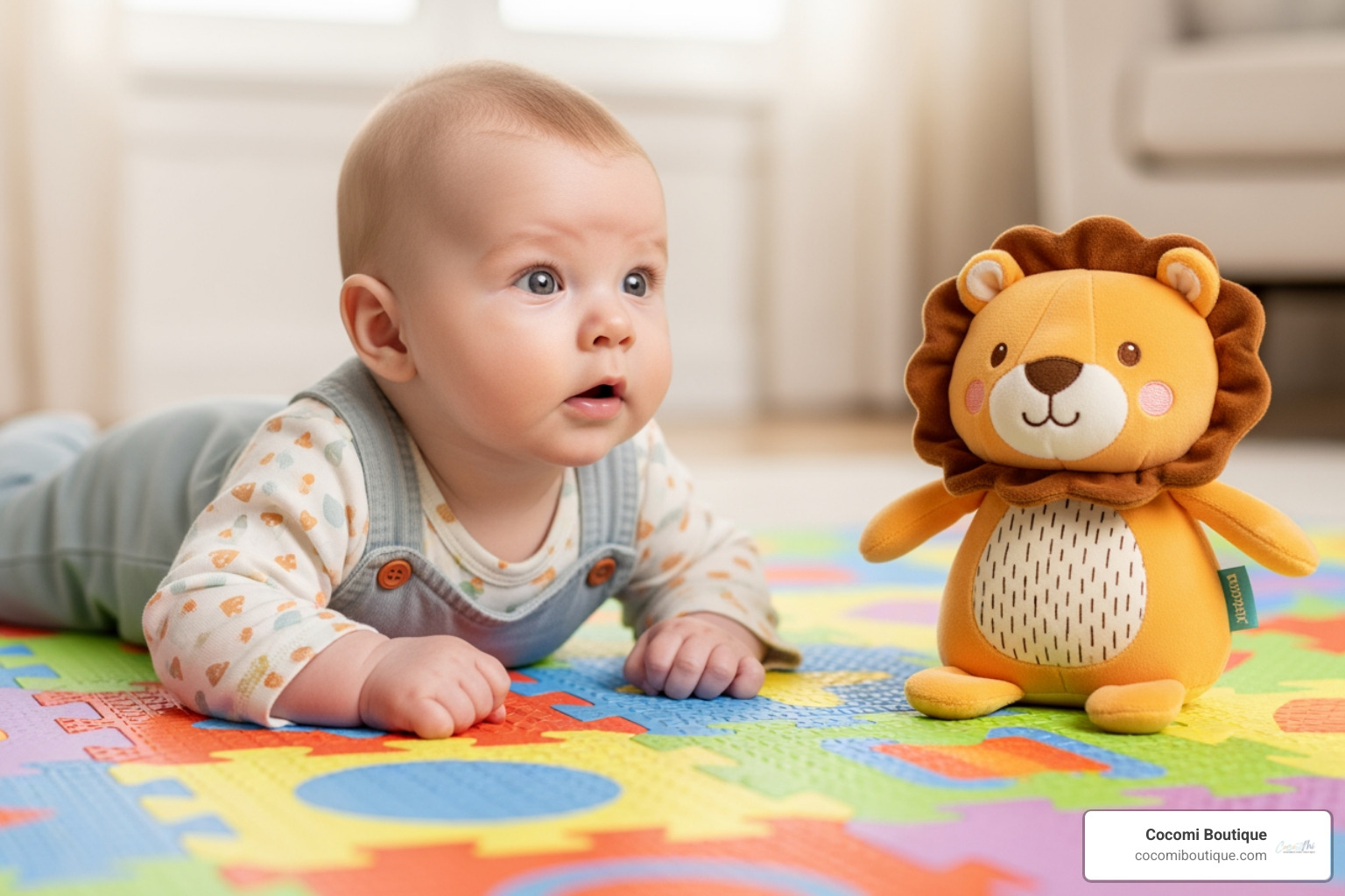 baby on colourful play mat looking at soft toy - newborn gift ideas baby on colourful play mat looking at soft toy - newborn gift ideas