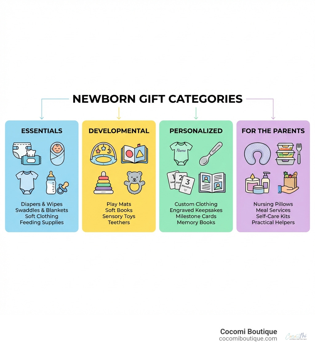 Infographic showing four main categories of newborn gifts: Essentials (diapers, swaddles, clothing, feeding supplies), Developmental (play mats, soft books, sensory toys, teethers), Personalized (custom clothing, engraved keepsakes, milestone cards, memory books), and For the Parents (nursing pillows, meal services, self-care kits, practical helpers). Each category includes icons and brief descriptions of typical items. - newborn gift ideas infographic Infographic showing four main categories of newborn gifts: Essentials (diapers, swaddles, clothing, feeding supplies), Developmental (play mats, soft books, sensory toys, teethers), Personalized (custom clothing, engraved keepsakes, milestone cards, memory books), and For the Parents (nursing pillows, meal services, self-care kits, practical helpers). Each category includes icons and brief descriptions of typical items. - newborn gift ideas infographic