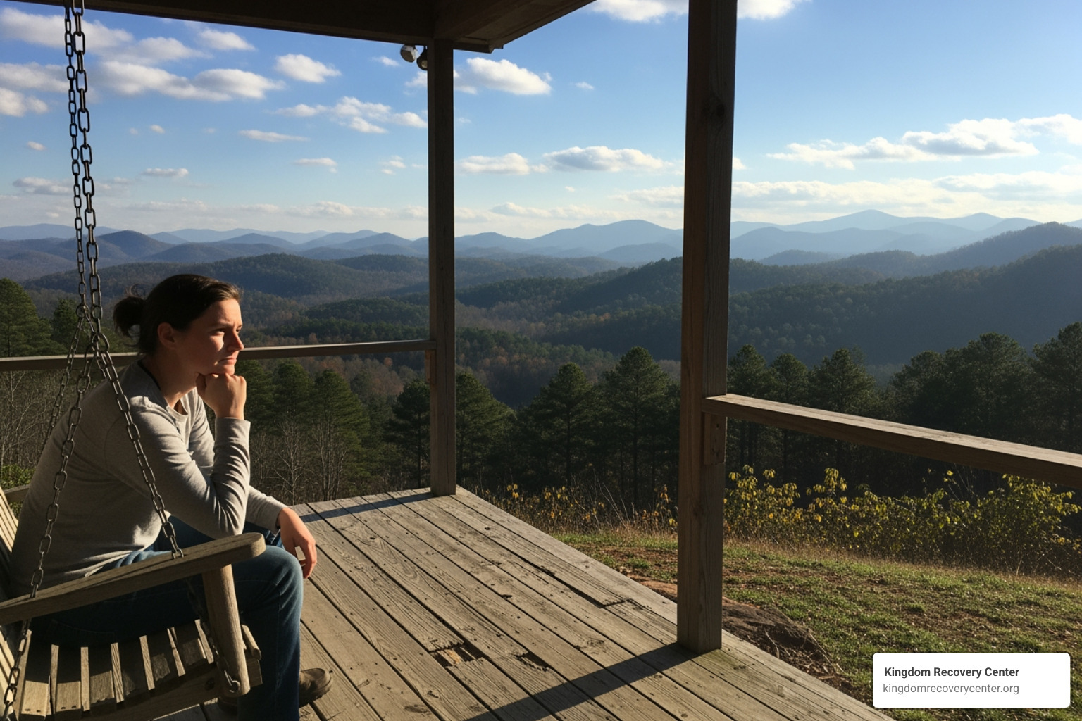 a person looking contemplative while sitting on a porch in a natural Tennessee setting - Top Inpatient Drug Rehab in Tennessee Covered by Insurance