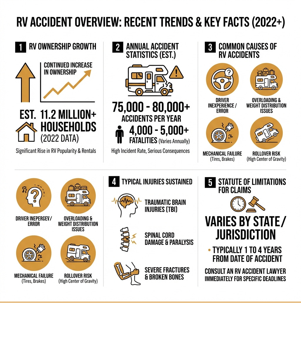 Infographic showing the increase in RV ownership from 2014-2018 (36% rise), annual RV accident statistics (70,000-80,000 accidents, thousands of fatalities), common causes (driver inexperience, overloading, mechanical failure, rollover risk), typical injuries (TBI, spinal cord damage, broken bones), and the 2-year statute of limitations for filing claims - rv accident lawyer infographic Infographic showing the increase in RV ownership from 2014-2018 (36% rise), annual RV accident statistics (70,000-80,000 accidents, thousands of fatalities), common causes (driver inexperience, overloading, mechanical failure, rollover risk), typical injuries (TBI, spinal cord damage, broken bones), and the 2-year statute of limitations for filing claims - rv accident lawyer infographic