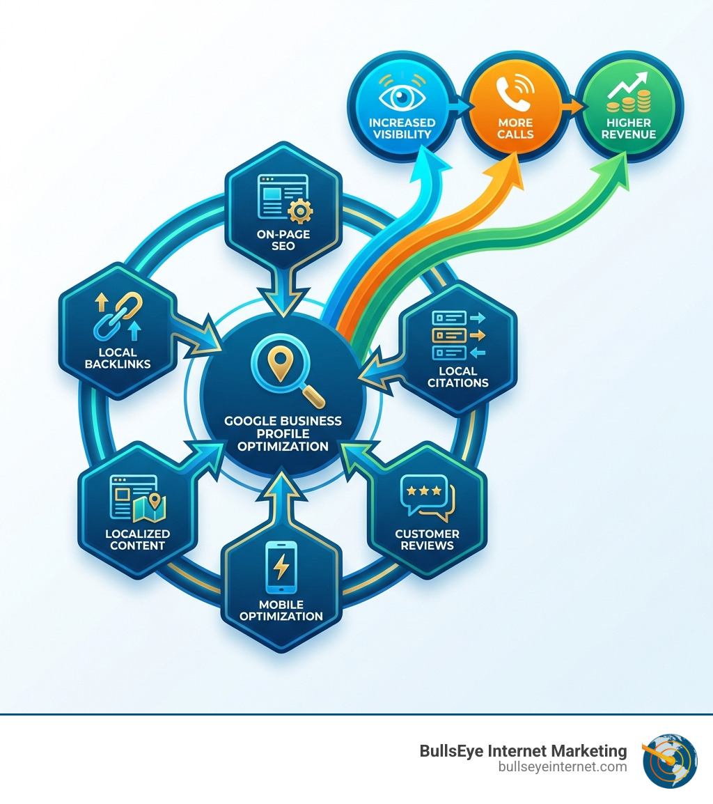 Infographic showing the key components of local SEO: Google Business Profile optimization at the center, surrounded by on-page SEO, local citations, customer reviews, mobile optimization, localized content, and local backlinks, with arrows pointing to increased visibility, more calls, and higher revenue - local SEO Fort Lauderdale infographic 