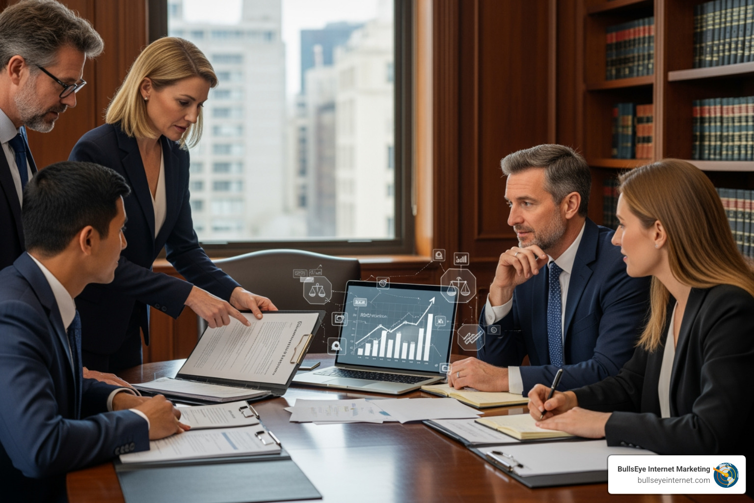 A search bar with the long-tail keyword "how to create a living trust in Florida" clearly visible. - Estate planning SEO Group of professionals in a modern office conference room discussing estate planning strategies, reviewing documents, and analyzing data on a laptop screen displaying growth charts and legal icons.