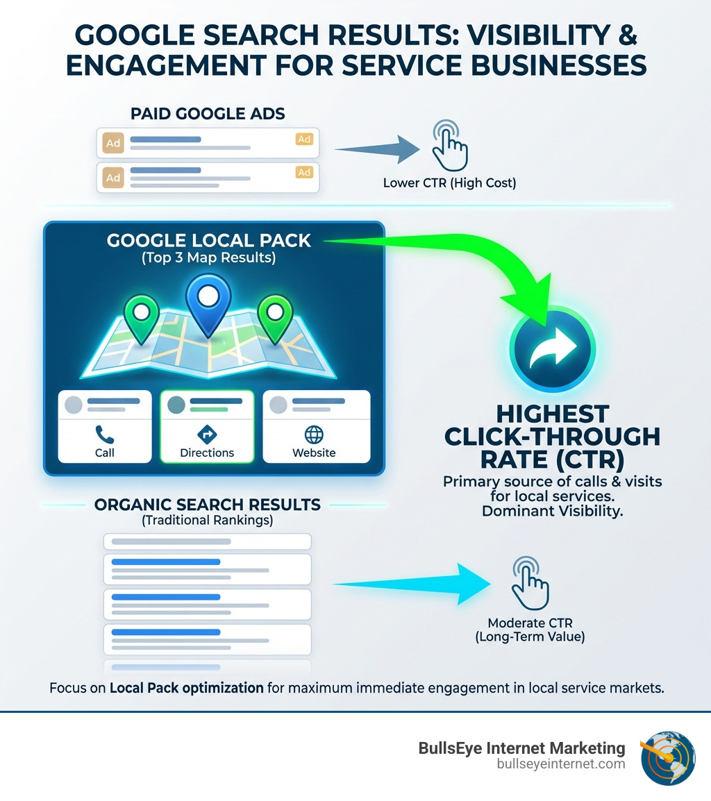 Infographic illustrating Google search results for service businesses, highlighting paid ads, Google Local Pack with the highest click-through rate (CTR), and organic search results, emphasizing local pack optimization for enhanced visibility and engagement in Jupiter, Florida.