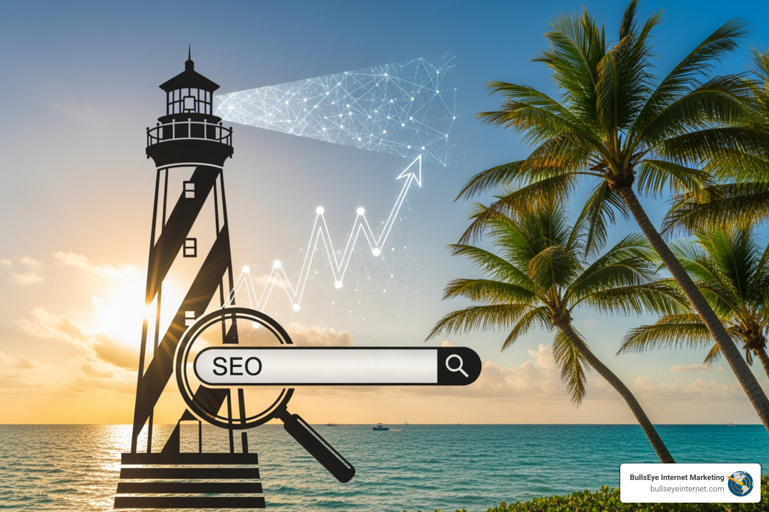 Lighthouse symbolizing SEO growth with a search bar, digital graph, and palm trees against a sunset over the ocean, representing local marketing strategies in Jupiter, Florida.