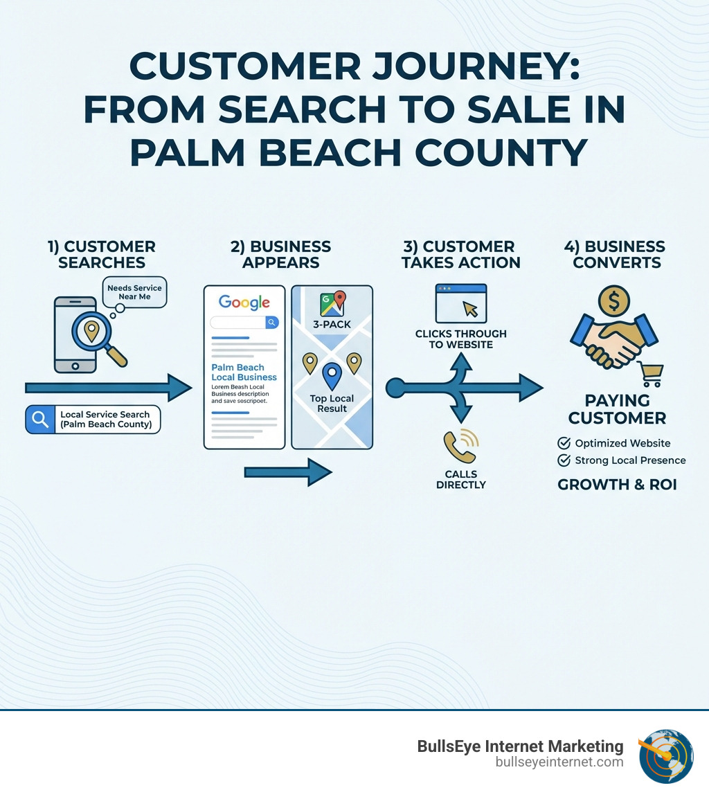 Customer journey infographic illustrating the process from search to sale in Palm Beach County, highlighting local SEO strategies and customer conversion steps for BullsEye Internet Marketing.