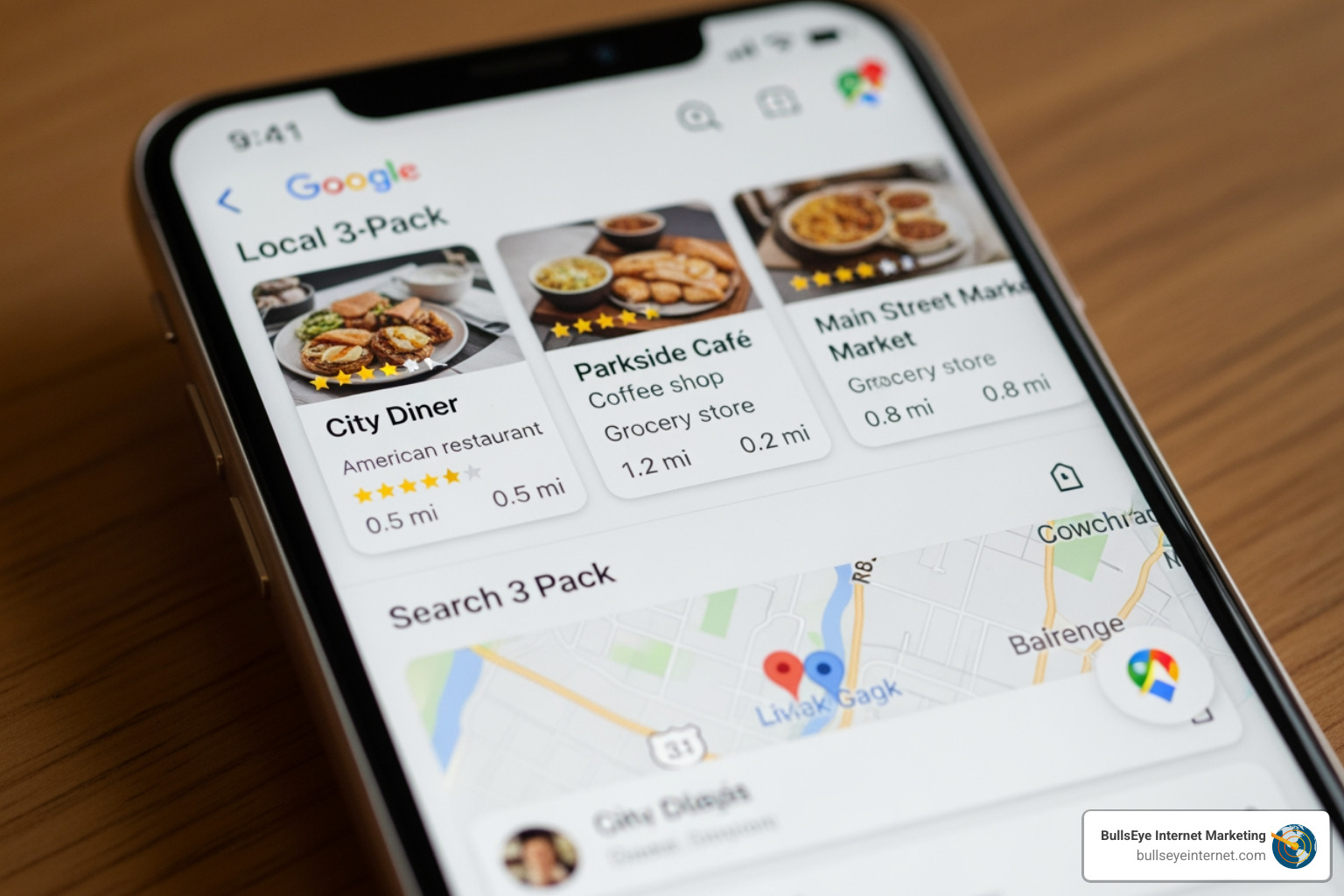 Smartphone displaying Google Local 3-Pack results for local businesses in Palm Beach County, featuring City Diner, Parkside Café, and Main Street Market with ratings and distances.