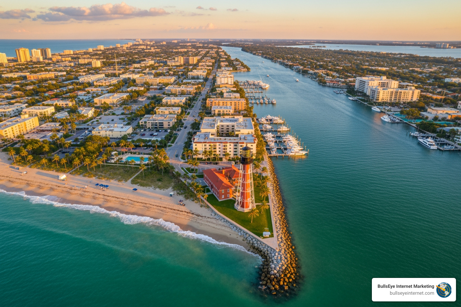 Aerial view of Jupiter, Florida, featuring the iconic lighthouse, sandy beach, and waterfront properties, highlighting local businesses and the vibrant coastal community.