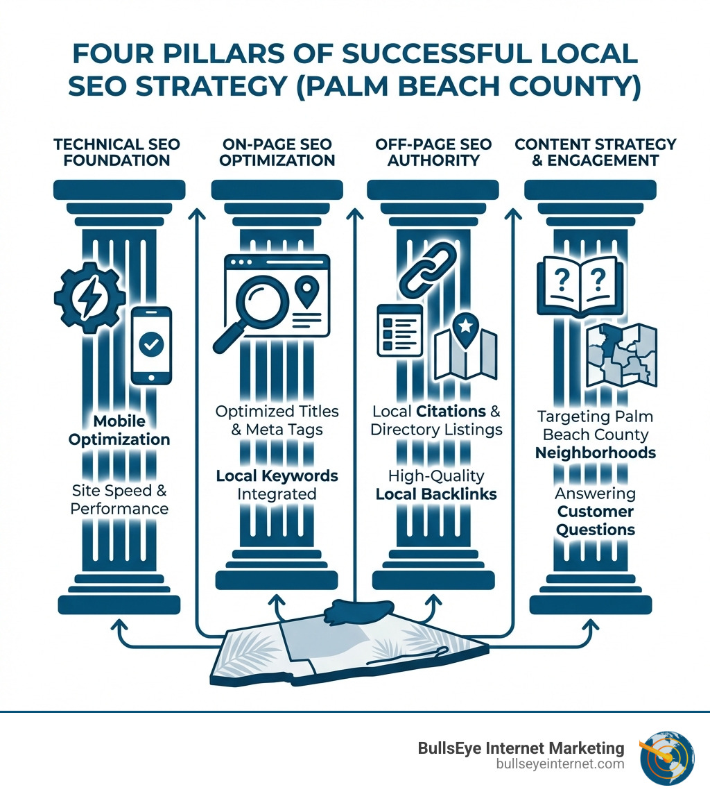 Four pillars of successful local SEO strategy: technical SEO, on-page optimization, off-page authority, and content