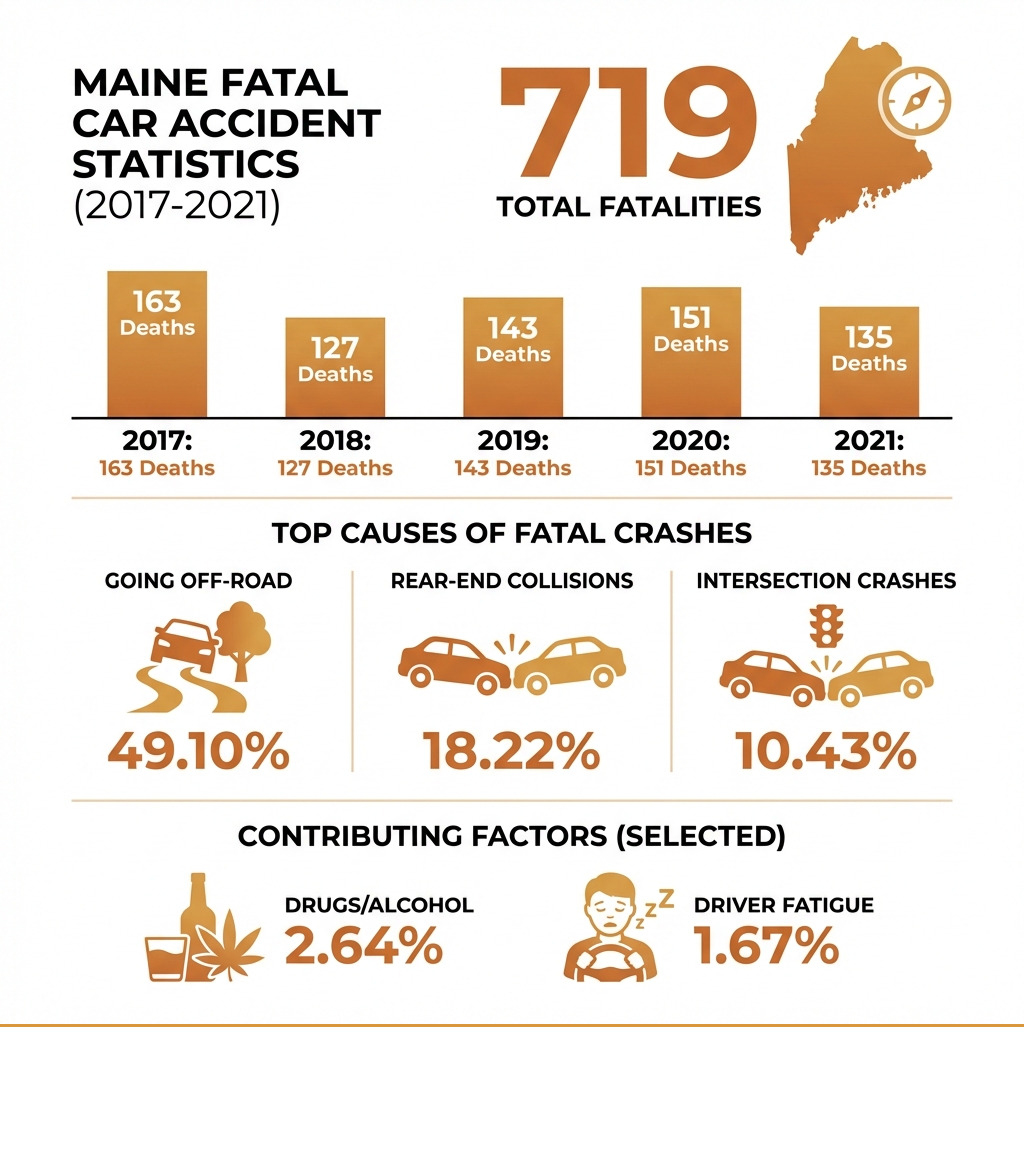 Infographic showing Maine fatal car accident statistics from 2017-2021: 719 total fatalities, with 163 deaths in 2017, 127 in 2018, 143 in 2019, 151 in 2020, and 135 in 2021; top causes include going off-road at 49.10%, rear-end collisions at 18.22%, intersection crashes at 10.43%, plus contributing factors of drugs/alcohol at 2.64% and driver fatigue at 1.67% - Fatal car accident Maine infographic Infographic showing Maine fatal car accident statistics from 2017-2021: 719 total fatalities, with 163 deaths in 2017, 127 in 2018, 143 in 2019, 151 in 2020, and 135 in 2021; top causes include going off-road at 49.10%, rear-end collisions at 18.22%, intersection crashes at 10.43%, plus contributing factors of drugs/alcohol at 2.64% and driver fatigue at 1.67% - Fatal car accident Maine infographic