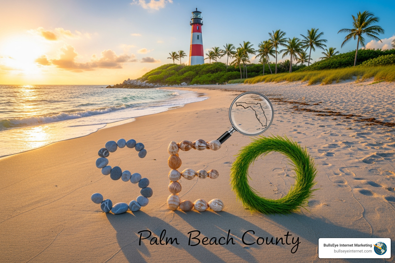 Beach scene with lighthouse and magnifying glass highlighting "SEO" and "Palm Beach County" for local