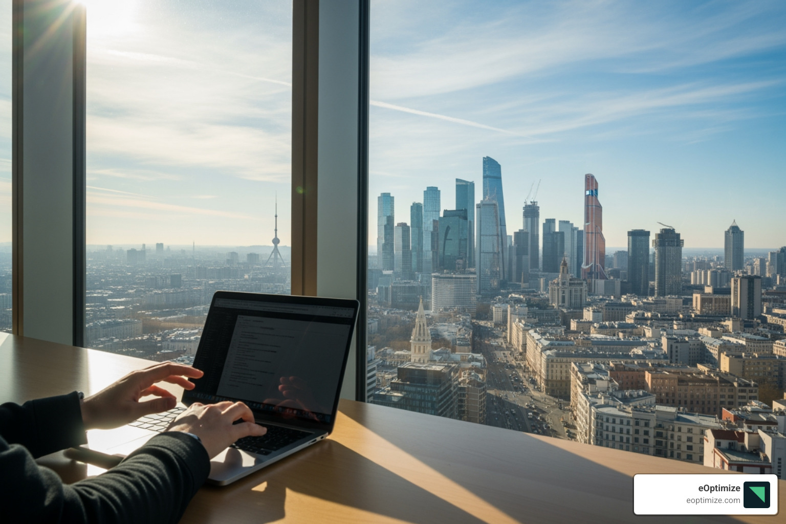 Person writing on a laptop with a city skyline in the background - Drive local traffic