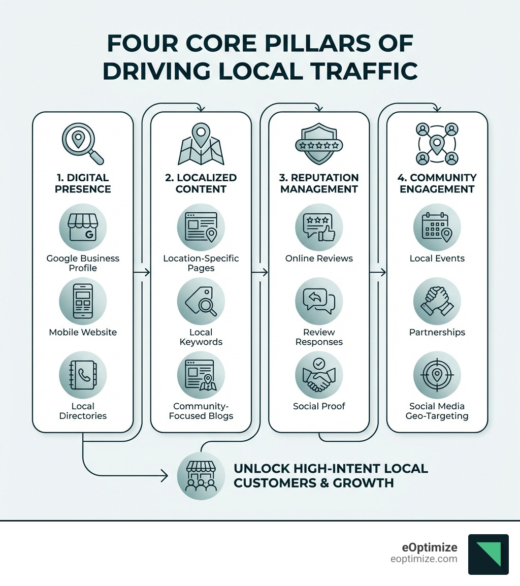 infographic showing the four core pillars of driving local traffic: Digital Presence (Google Business Profile, mobile website, local directories), Localized Content (location-specific pages, local keywords, community-focused blogs), Reputation Management (online reviews, review responses, social proof), and Community Engagement (local events, partnerships, social media geo-targeting) - Drive local traffic infographic 